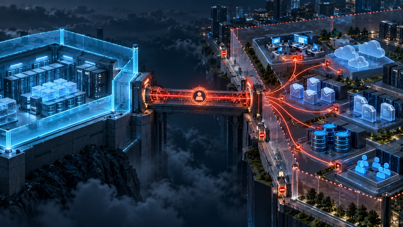 An isolated backup vault remains protected while a compromised privileged application identity forms an attack bridge into cloud applications, mail, databases and production systems.