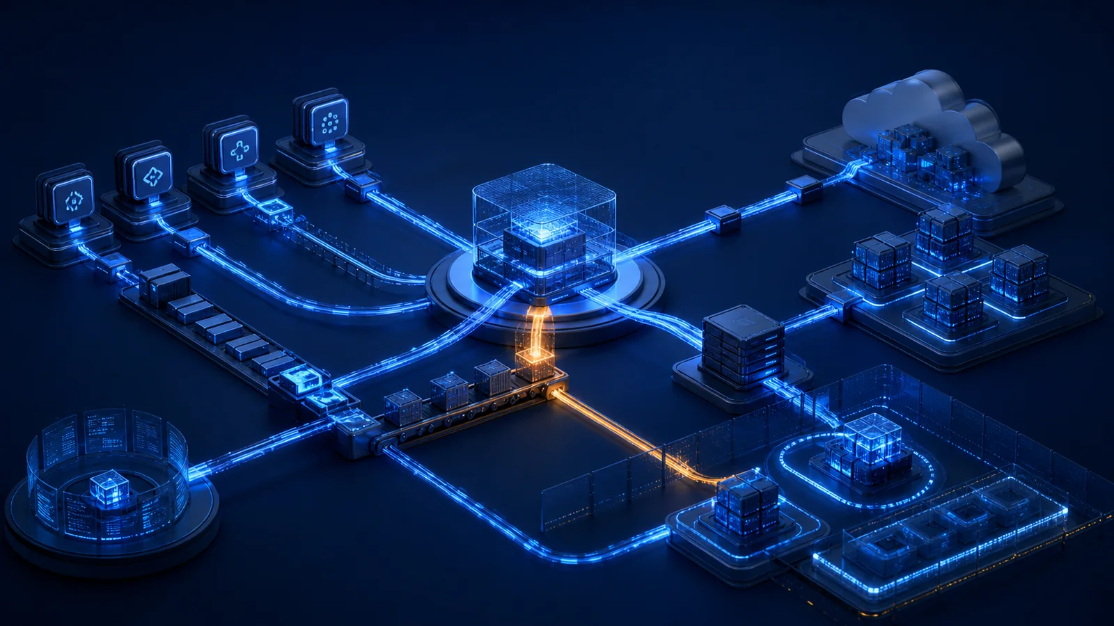 A trusted central security scanner connects to repositories, build pipelines, registries and cloud environments while an amber compromise begins using one of its privileged integration paths.