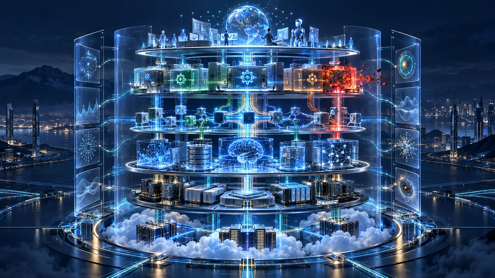 A six-layer enterprise architecture connects digital experiences, business services, APIs, data and AI, shared platforms, and cloud infrastructure while a contained failure leaves the wider system operational.