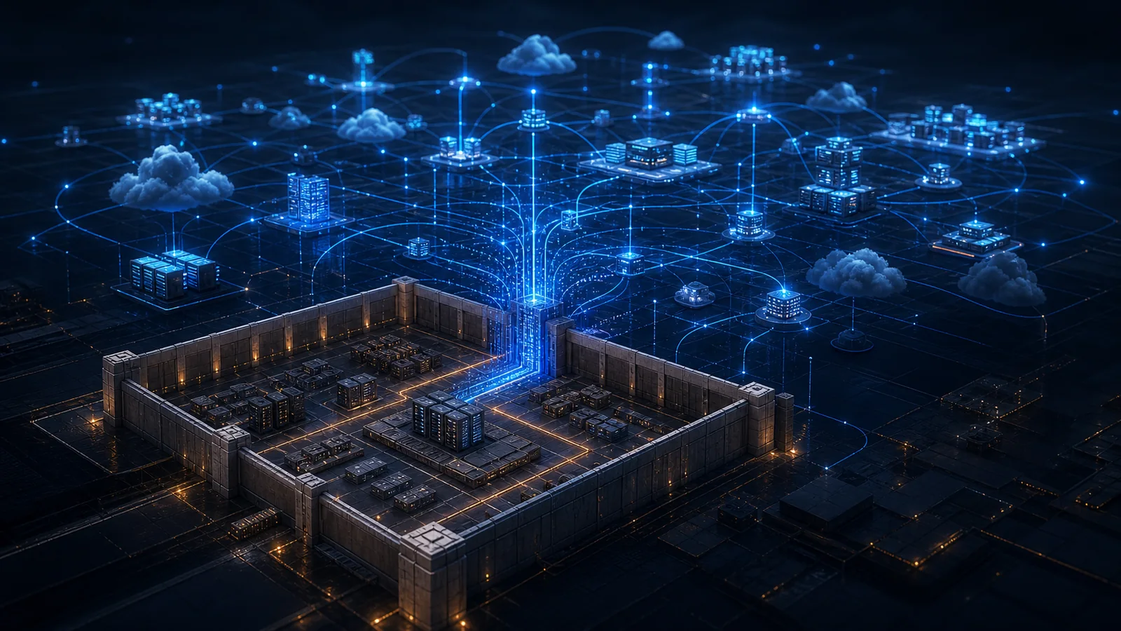A rigid perimeter-bound system opens into a distributed adaptive architecture of cloud platforms, workloads, machine identities and policy-governed connections.