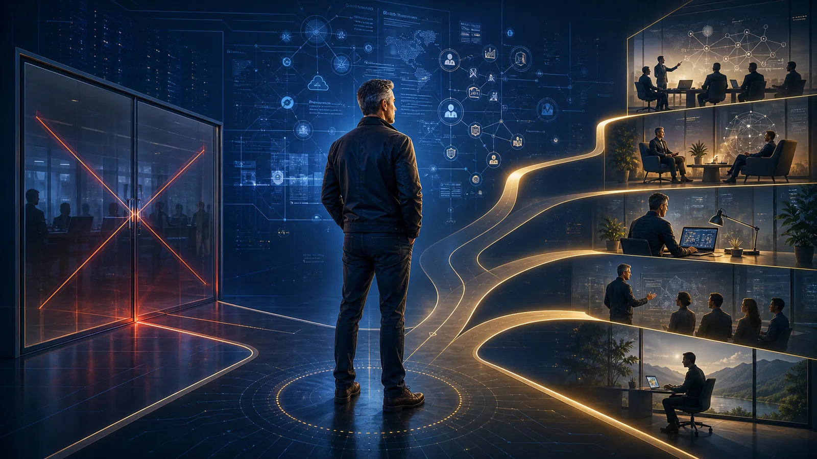 An experienced cybersecurity professional stands between a closed conventional hiring path and several illuminated routes toward architecture, advisory work, mentoring and leadership.