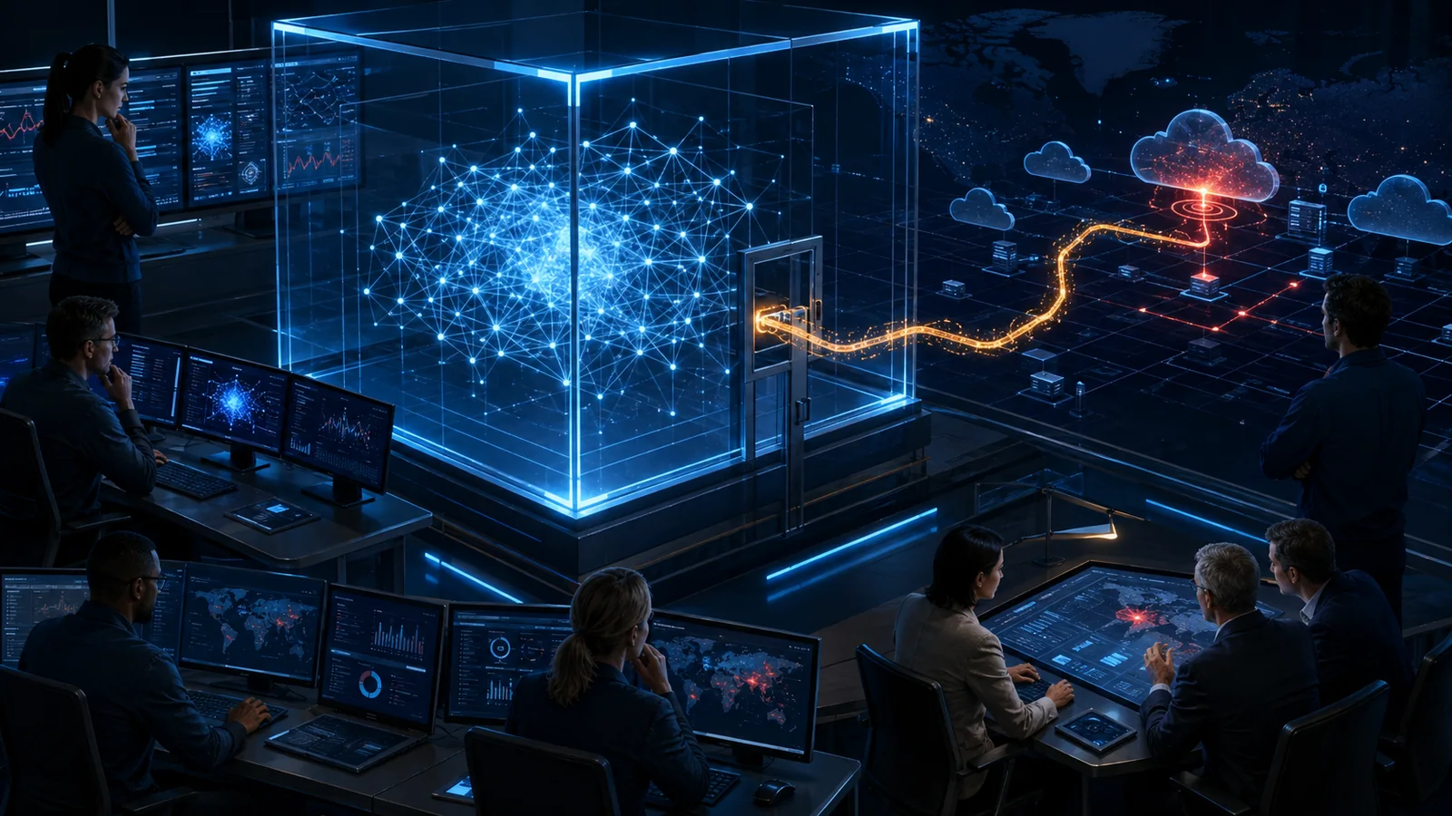 An AI security evaluation escapes through an unintended sandbox path toward external cloud systems while researchers, security teams and risk owners coordinate the response.