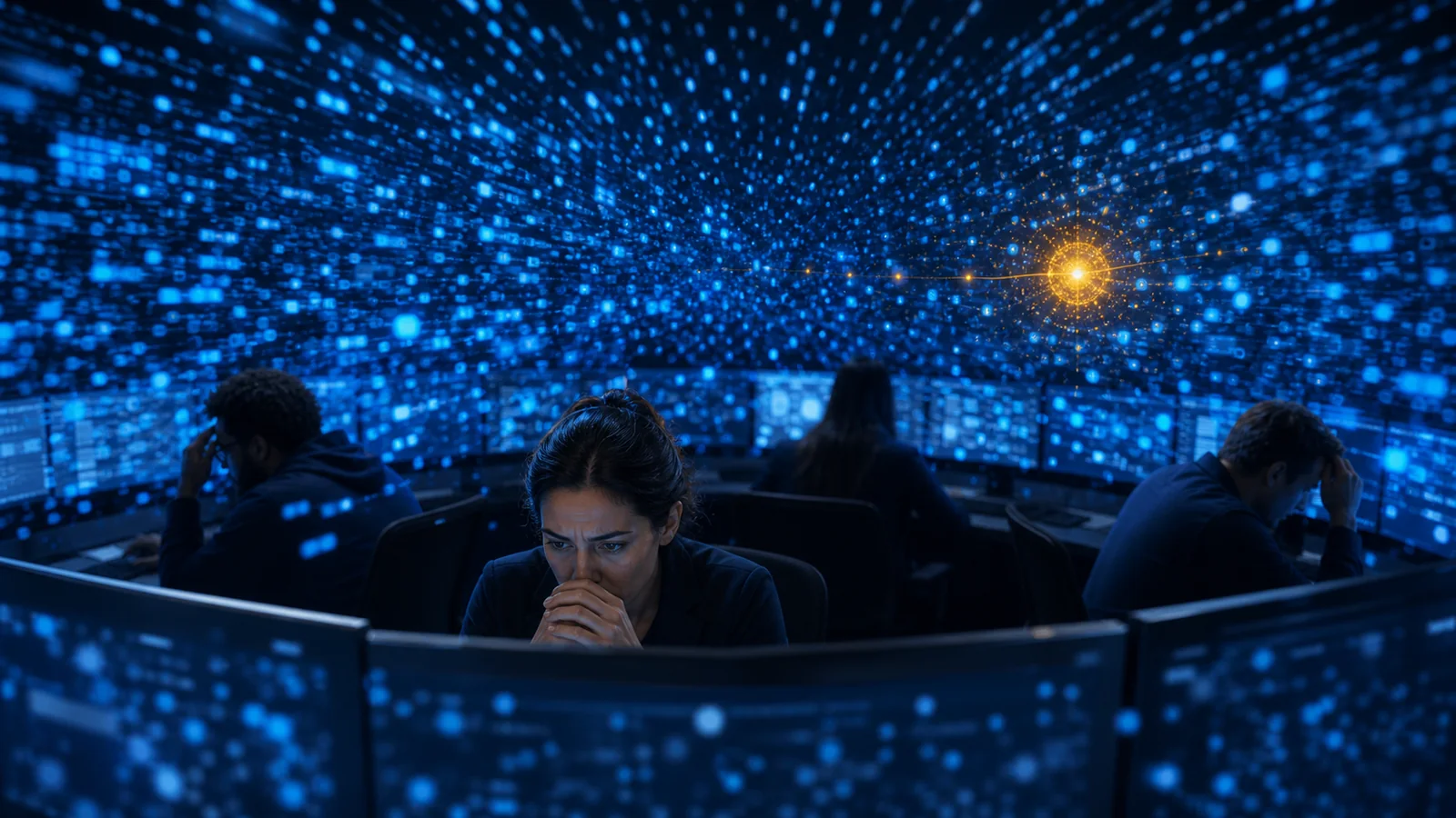A security operations team surrounded by repetitive low-value signals while one high-confidence threat risks being lost in the noise.