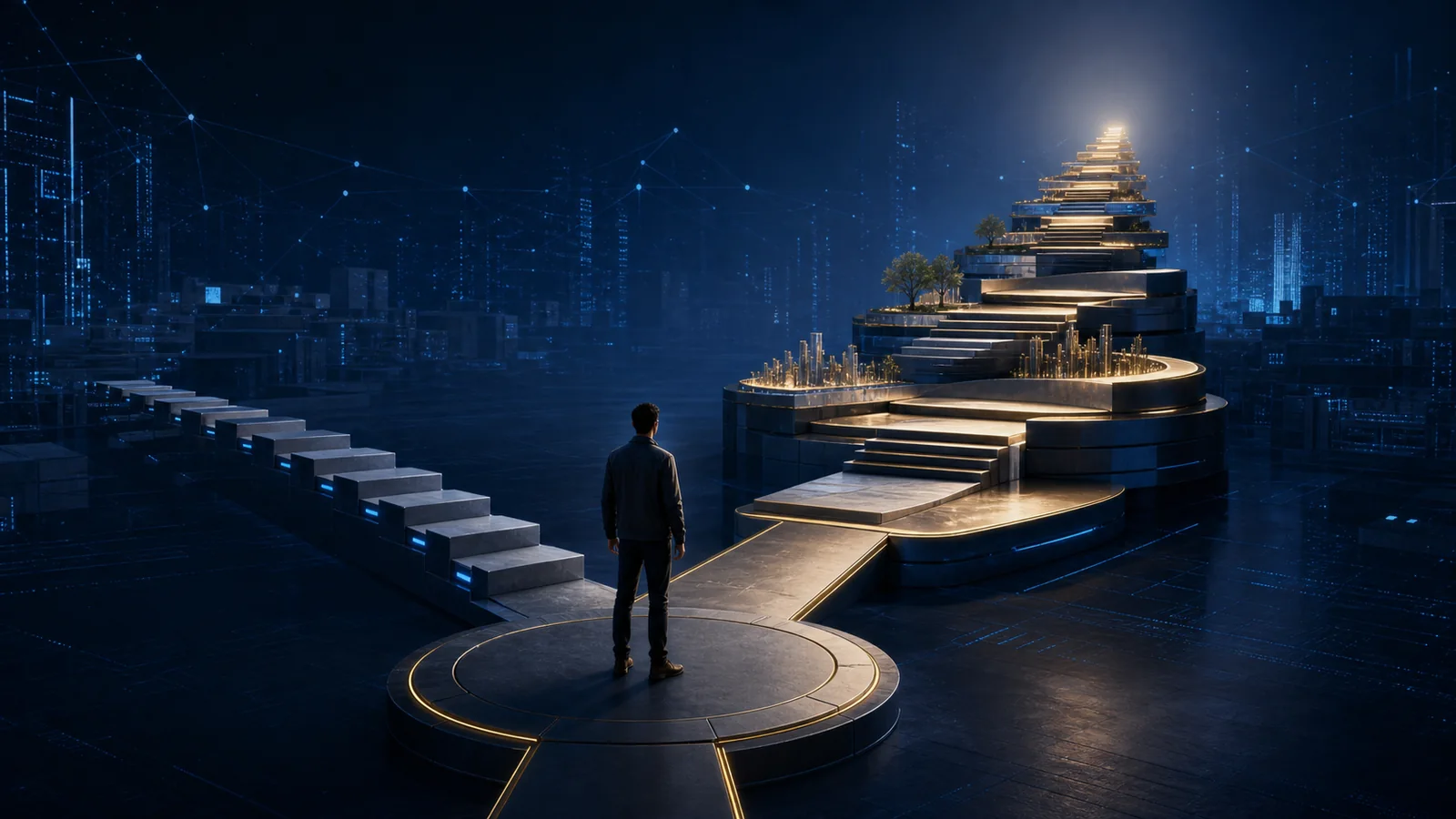 A cybersecurity professional chooses between a short repetitive sequence of small steps and a deliberate long-term path built from expanding platforms of capability, responsibility and leadership.