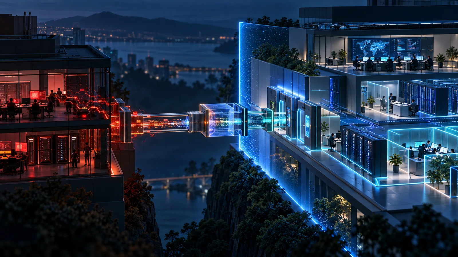 A compromised partner environment sends hostile activity through a legitimate integration toward an enterprise protected by layered gateways, segmentation and monitored security boundaries.