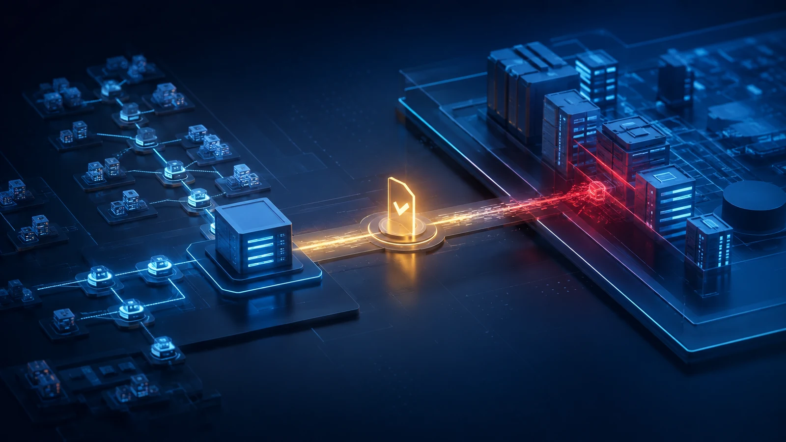 A trusted vendor connection passes through an approval checkpoint while a hidden threat travels from the supplier ecosystem into enterprise systems.